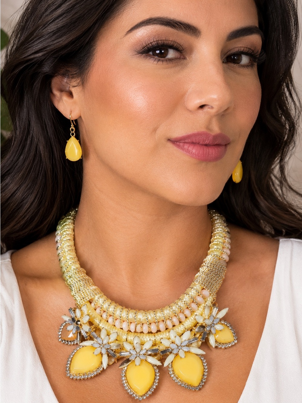 Sunshine Floral Bib Necklace with Yellow Teardrop Earrings - Women Jewelry